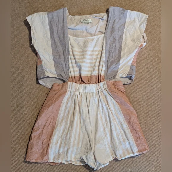 Anthropologie Elevenses Neutral Striped Square Neckline Cut Out Romper - Picture 8 of 16